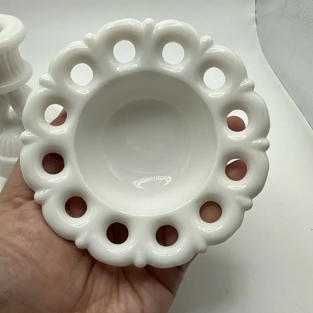 Vtg 50s Westmoreland Milk Glass Open Candlesticks Lace Doric Coquette Pair MCM